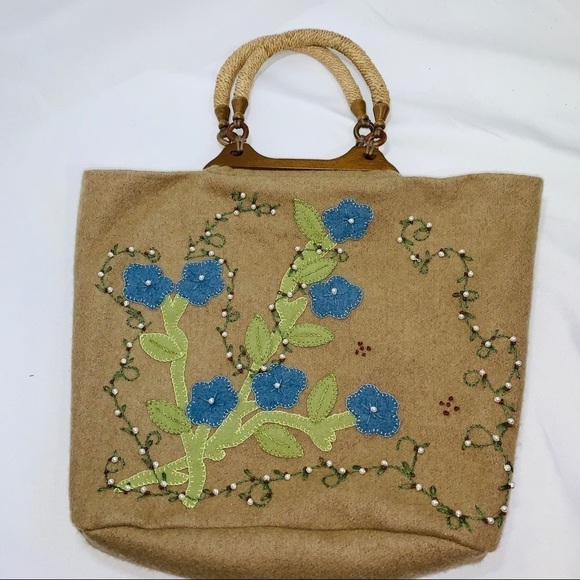 VINTAGE Handmade Wool Top Handle Tote Handbag Embroidered Detail - Picture 6 of 10